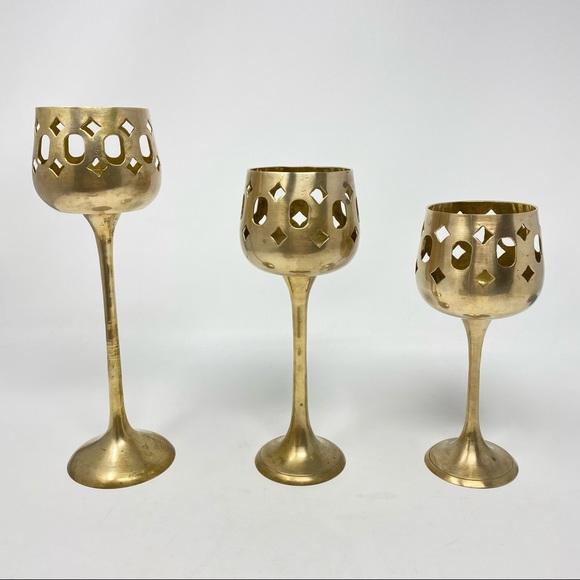 Set of 3 Vintage Mid Century Brass Cutout Footed Candle Holders